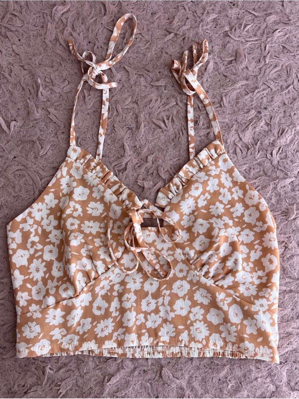 SHEIN White Floral Tie-Front Crop Top on Tan